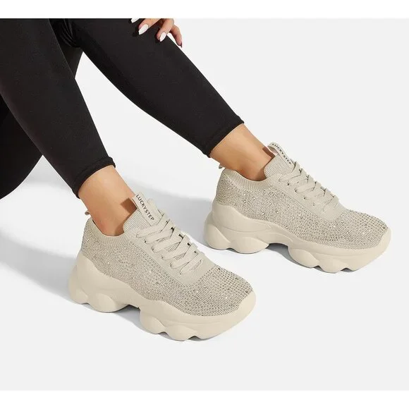 Lucky Step Women's Beige Rhinestone Sneaker Chunky Sparkly Bling Mesh Slip on - Picture 8 of 9